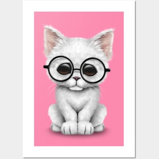 Cute White Kitten Wearing Eye Glasses Posters and Art